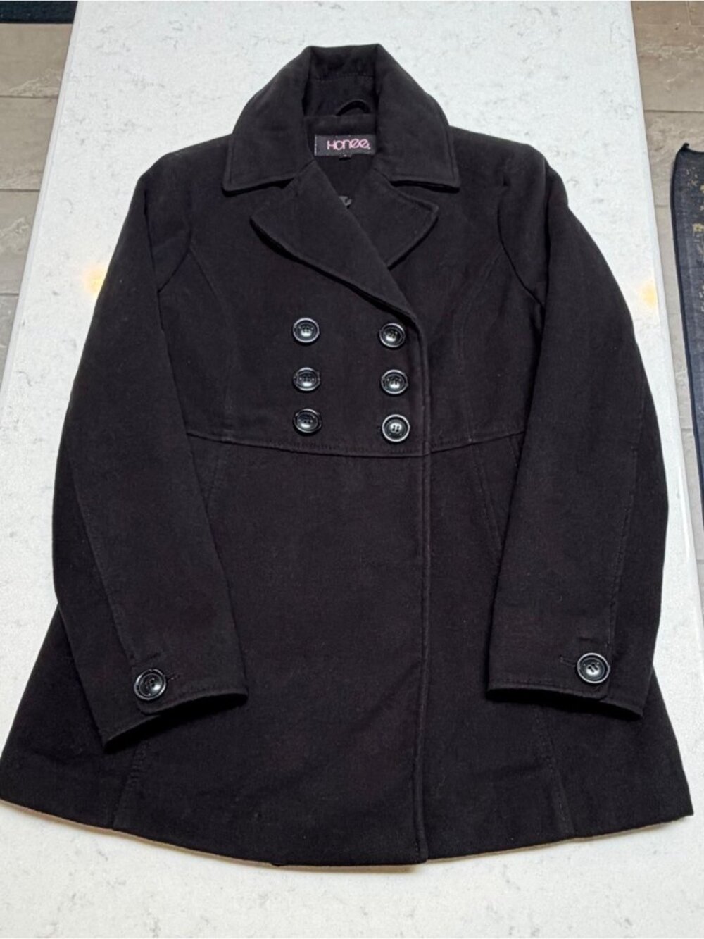 Honee Women’s Black Peacoat Large Double Breasted Classic Style Side Pockets